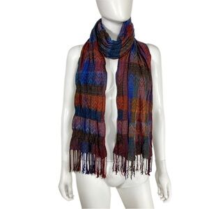 Dark Blues & Orange Chevron Plaid Long Tassel Scarf